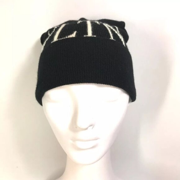 VALENTINO VLTN logo beanie knit cap Knit hat wool / silk Black/White - Picture 1 of 11